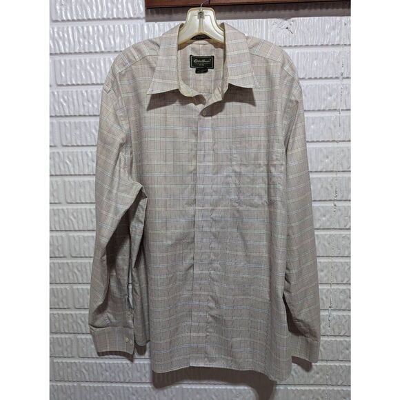 Eddie Bauer Men's Cream Plaid Wrinkle-Resistant Collared Button-Up Shirt Size XL - Picture 1 of 8